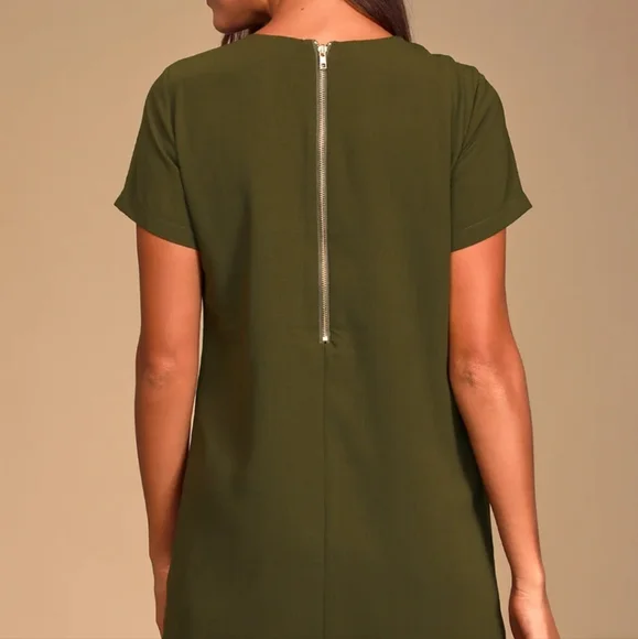 Lulu's Army Green Chiffon Dress with Gold Zipper S - Picture 3 of 6